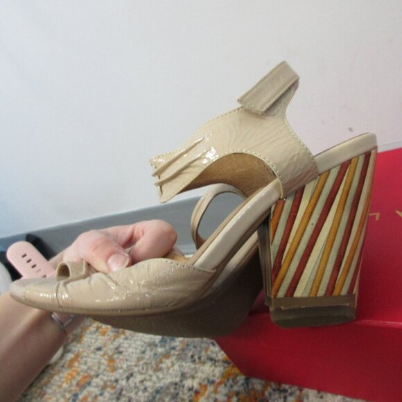 Miz Mooz Marnie High Heels Sandals Leather Strap 7 Beige Block y2k Stripe 520 - Picture 5 of 15